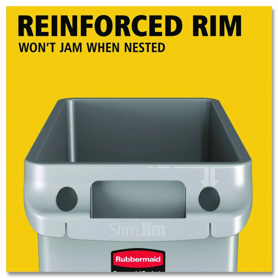 Rubbermaid Slim Jim Rectangular Plastic Waste Containers With Vent Channels, 23 Gallons, 30"H x 11"W x 22"D, Gray