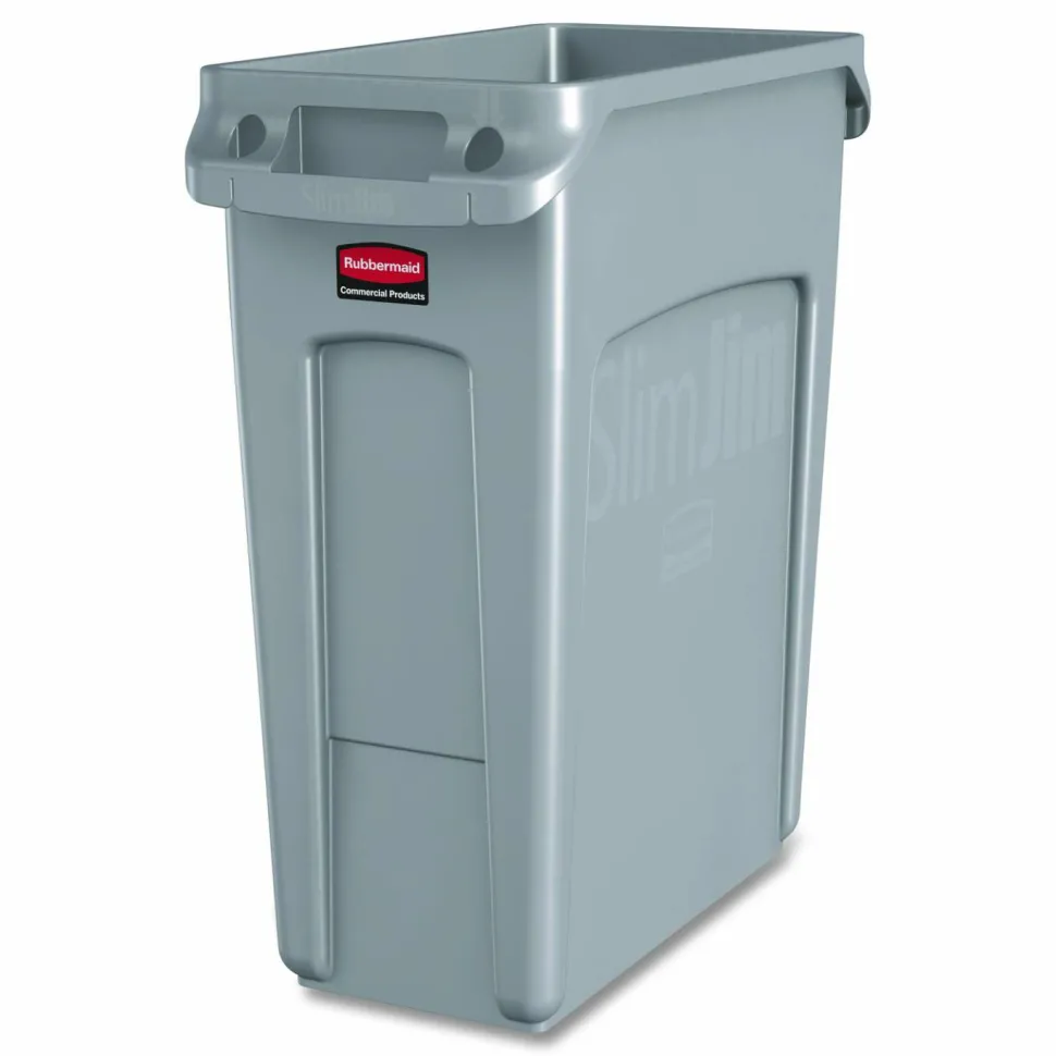Rubbermaid Slim Jim Rectangular Plastic Vented Waste Container, 16 Gallons, 25"H x 11"W x 22"D, Gray