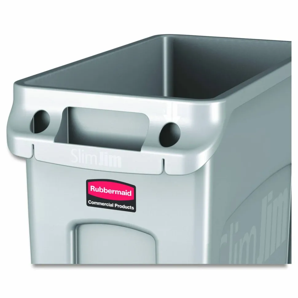 Rubbermaid Slim Jim Rectangular Plastic Vented Waste Container, 16 Gallons, 25"H x 11"W x 22"D, Gray
