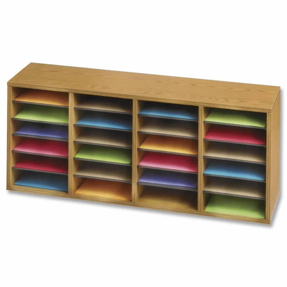 Safco Adjustable Wood Literature Organizer, 16 3/8"H x 39 3/8"W x 11 3/4"D, 24 Compartments, Oak