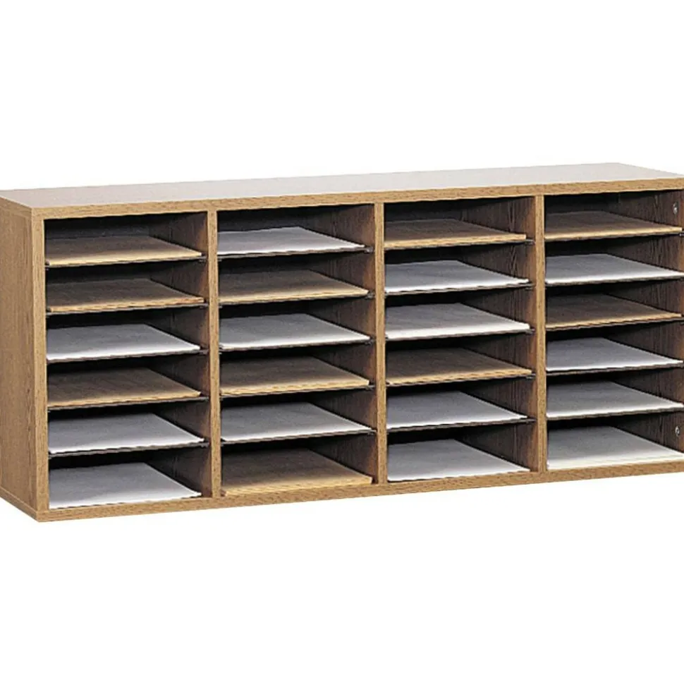 Safco Adjustable Wood Literature Organizer, 16 3/8"H x 39 3/8"W x 11 3/4"D, 24 Compartments, Oak