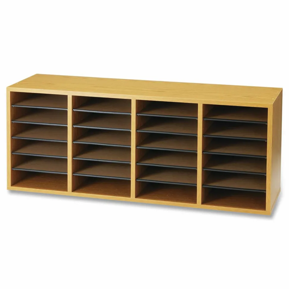 Safco Adjustable Wood Literature Organizer, 16 3/8"H x 39 3/8"W x 11 3/4"D, 24 Compartments, Oak