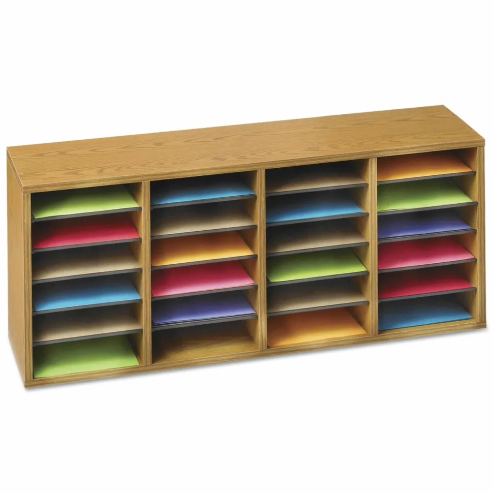 Safco Adjustable Wood Literature Organizer, 16 3/8"H x 39 3/8"W x 11 3/4"D, 24 Compartments, Oak