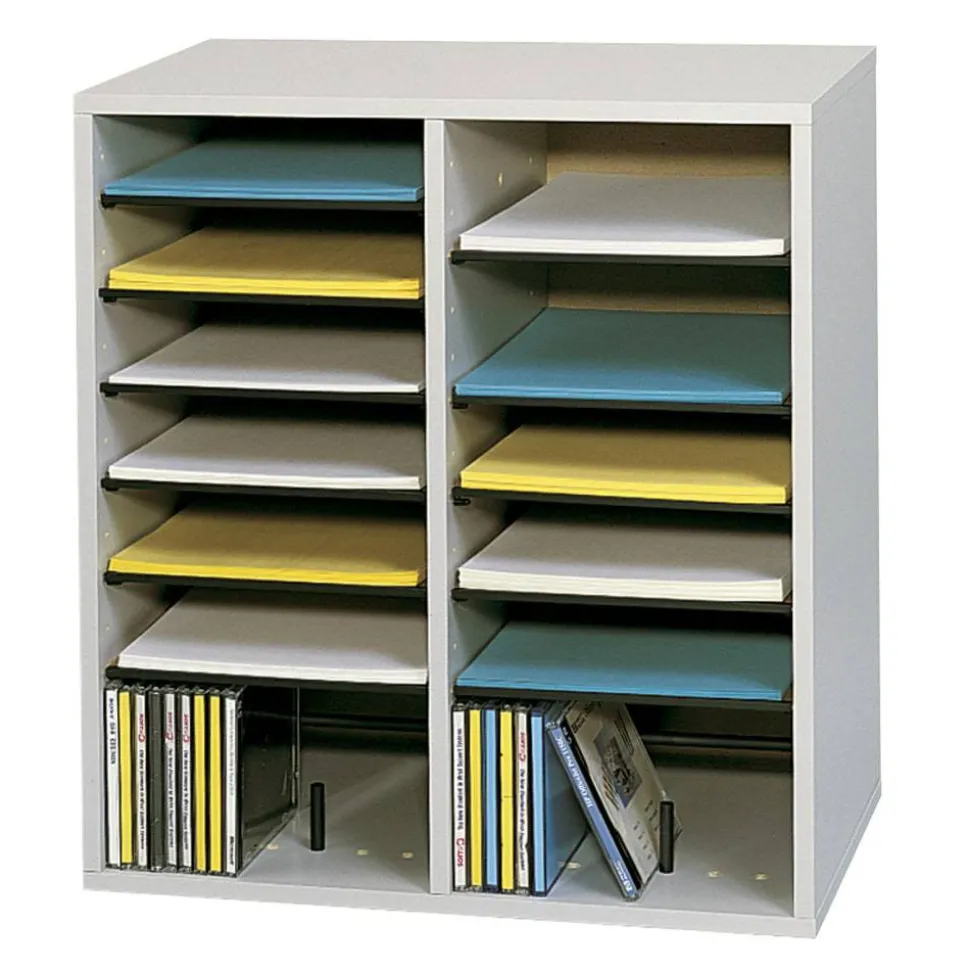 Safco Adjustable Wood Literature Organizer, 20"H x 19 1/2"W x 11 3/4"D, 16 Compartments, Gray