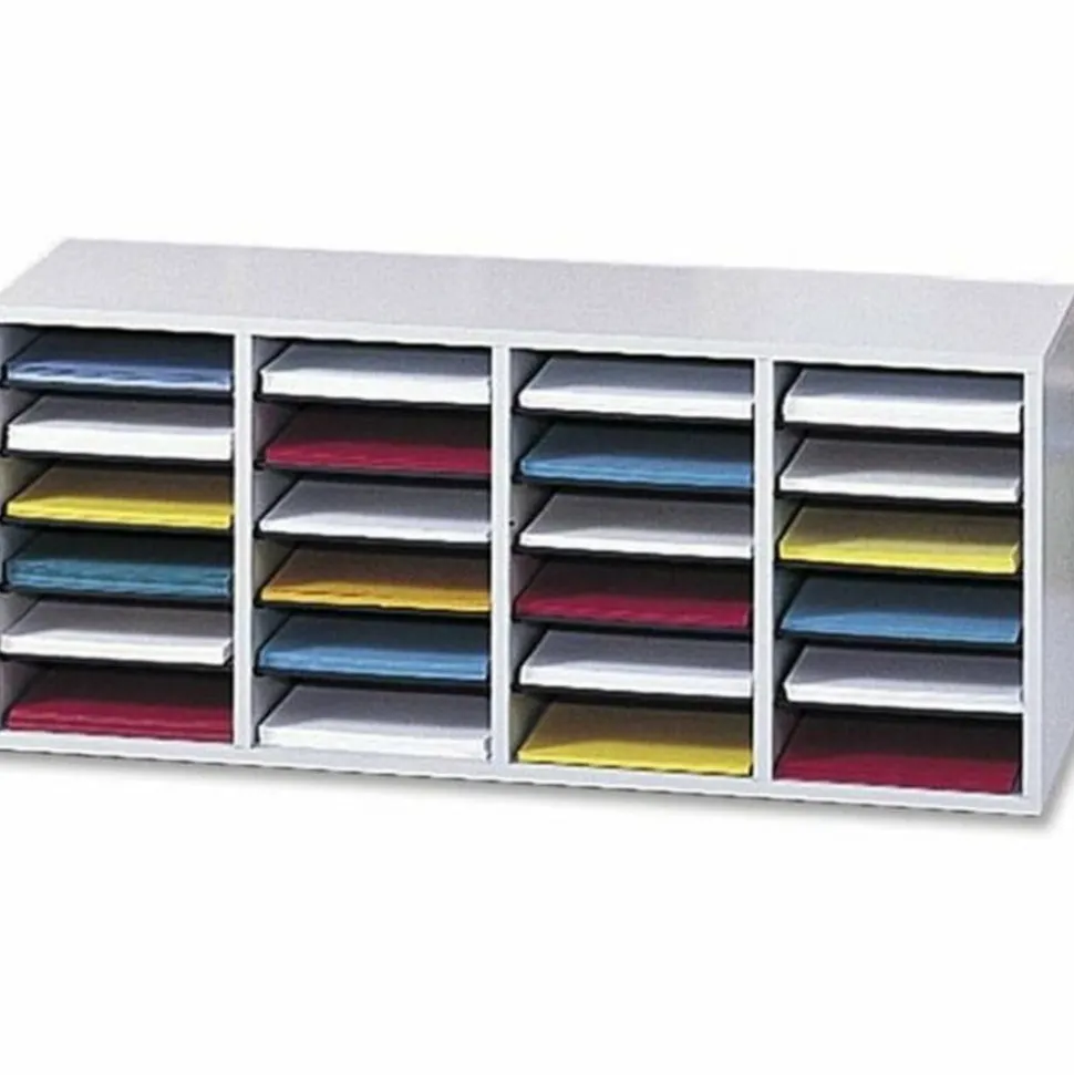 Safco Adjustable Wood Literature Organizer, 16 3/8"H x 39 3/8"W x 11 3/4"D, 24 Compartments, Gray