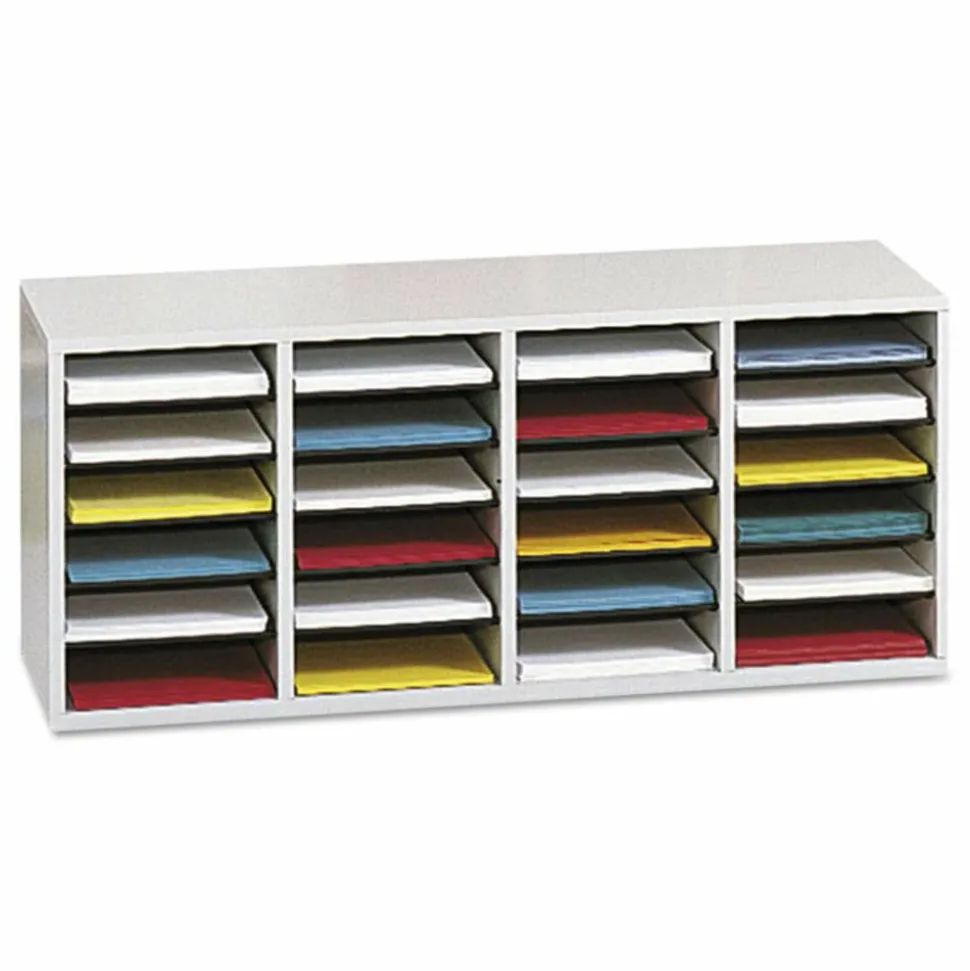 Safco Adjustable Wood Literature Organizer, 16 3/8"H x 39 3/8"W x 11 3/4"D, 24 Compartments, Gray