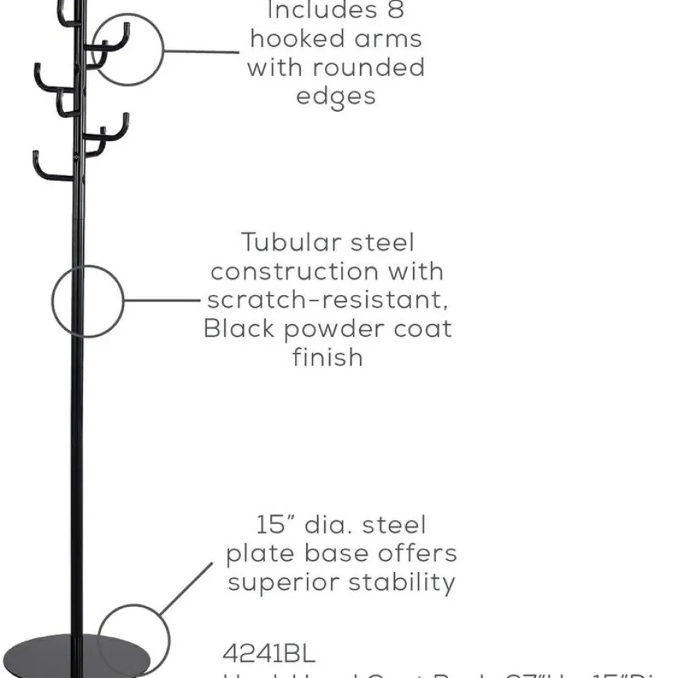Safco Hook Head Coat Rack, 8 Hooks, 67"H, for Coat, Jacket, Purse, Hat, Garment, Tubular Steel, Black, Powder Coated