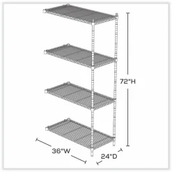 Safco Industrial Add-On Unit, Four-Shelf, 36w x 24d x 72h, Steel, Metallic Gray
