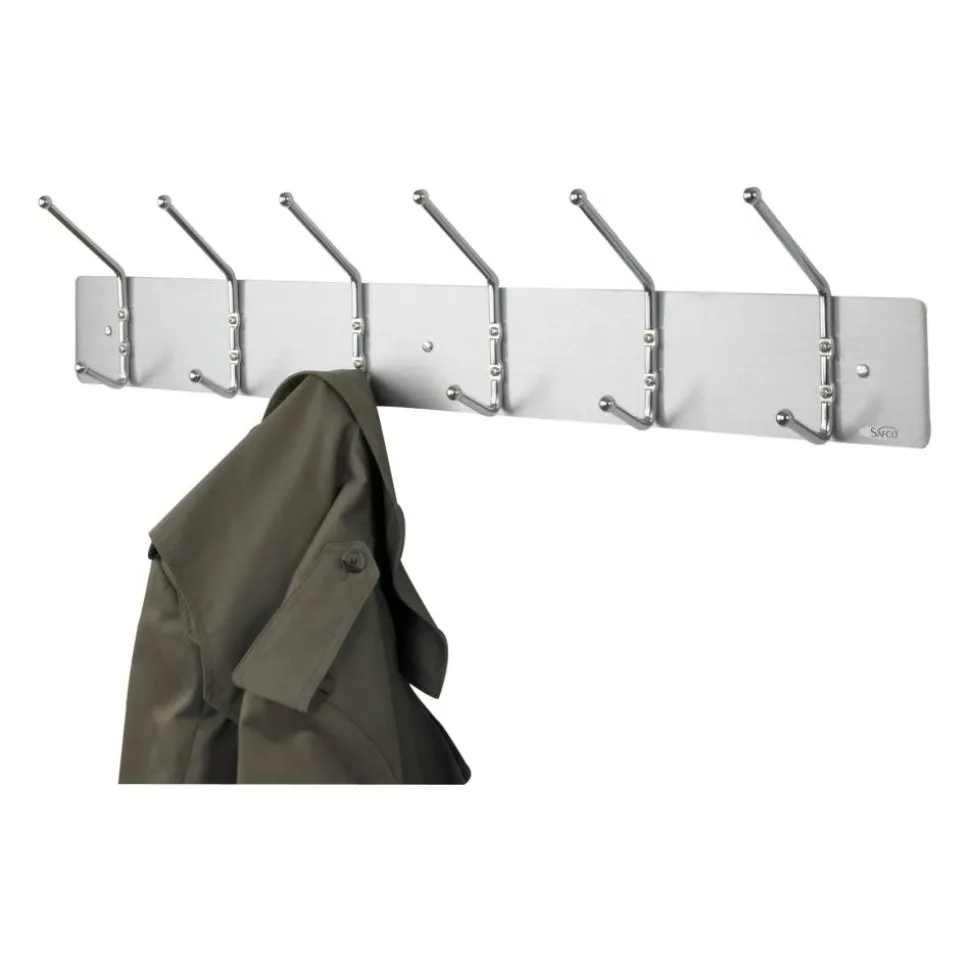 Safco Metal Wall Rack Coat Hooks, 6 Hooks, 6 3/4"H x 36"W x 3 3/4"D, Satin Aluminum