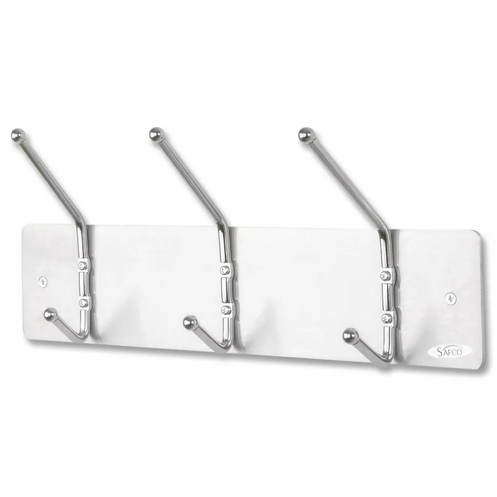Safco Metal Wall Rack Coat Hooks, 3 Hooks, 7"H x 18"W x 3 3/4"D, Satin Aluminum