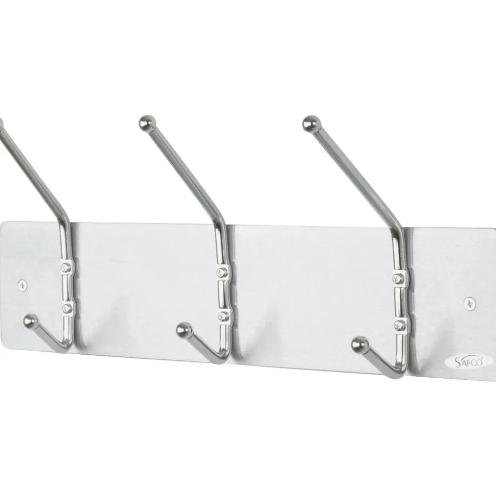 Safco Metal Wall Rack Coat Hooks, 3 Hooks, 7"H x 18"W x 3 3/4"D, Satin Aluminum