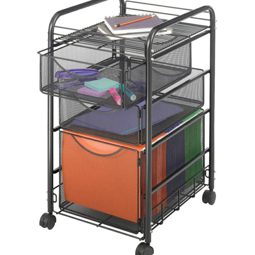 Safco Onyx Mesh File Cart With 1 File Drawer And 2 Small Drawers, 27 1/2"H x 15 1/4"W x 17 1/2"D, Black