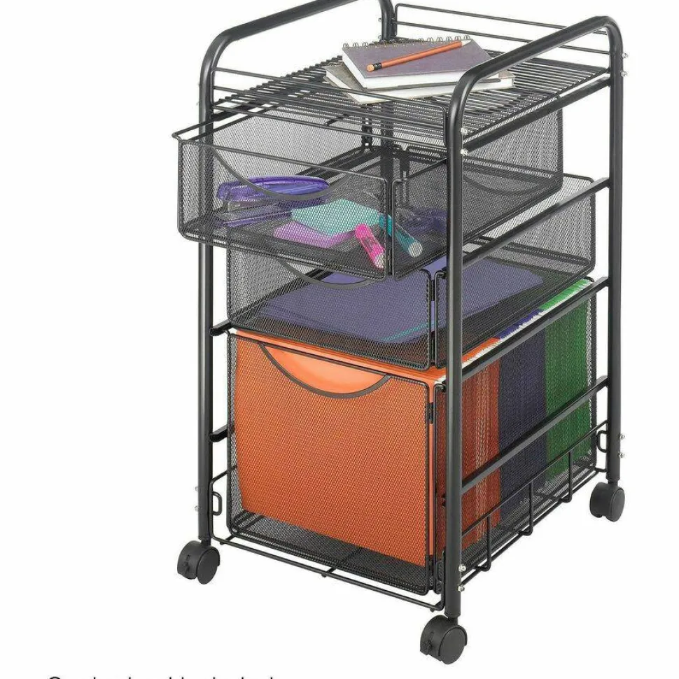 Safco Onyx Mesh File Cart With 1 File Drawer And 2 Small Drawers, 27 1/2"H x 15 1/4"W x 17 1/2"D, Black
