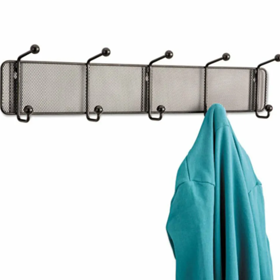 Safco Onyx Steel Mesh 5-Hook Wall Rack, 5-1/2"H x 26-3/4"W x 3"D, Black