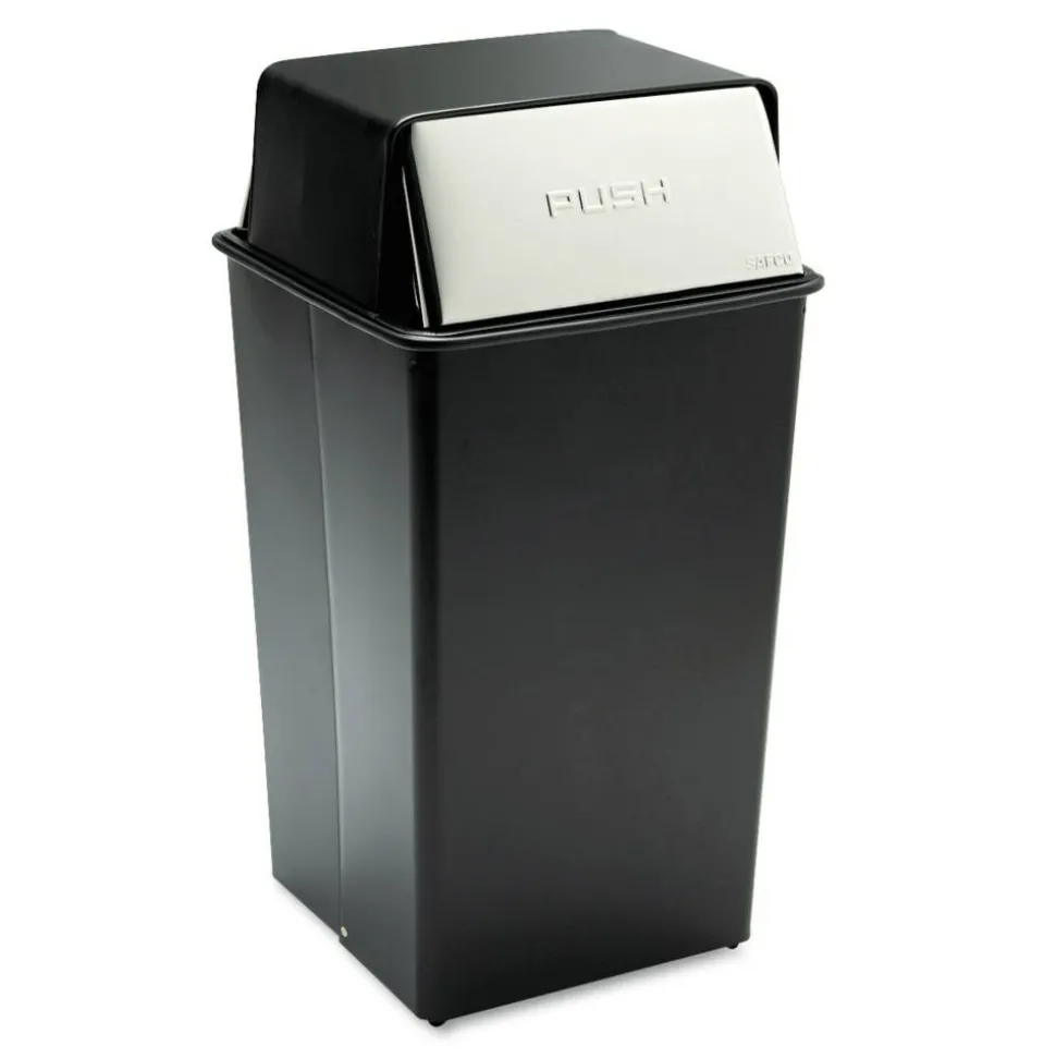 Safco Reflections Square Fire-Safe Push-Top Receptacle, 36 Gallons, 37 1/2"H x 18"W x 18"D, Black/Chrome