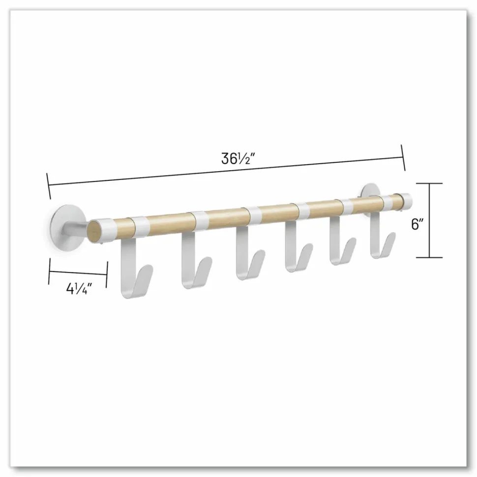 Safco Resi Coat Wall Rack, 6 Hook, 36.25w x 4.25d x 6h, White