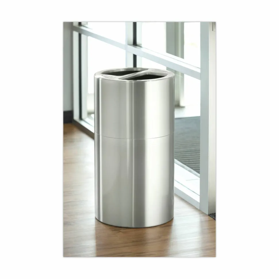 Safco Round Aluminum Dual Recycling Receptacle, 30 Gallons, 17 1/2" x 32 1/2", Stainless Steel