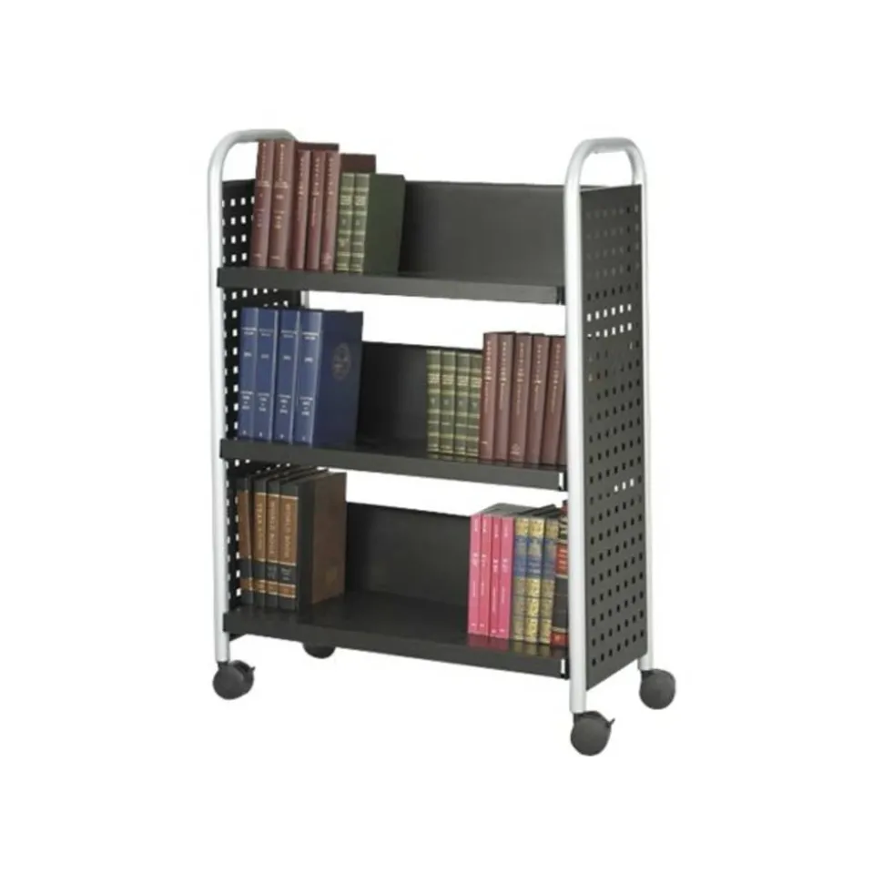 Safco Scoot Steel Book Cart, 3 Single-Sided Shelves, 45"H x 32 1/2"W x 13 3/4"D, Black