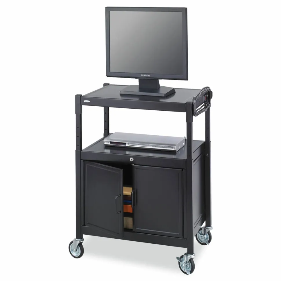 Safco Steel Adjustable AV Cart with Cabinet, Metal, 3 Shelf, 6 AC Outlets, 40 lb Capacity, 26.75 x 20.5 x 42, Black