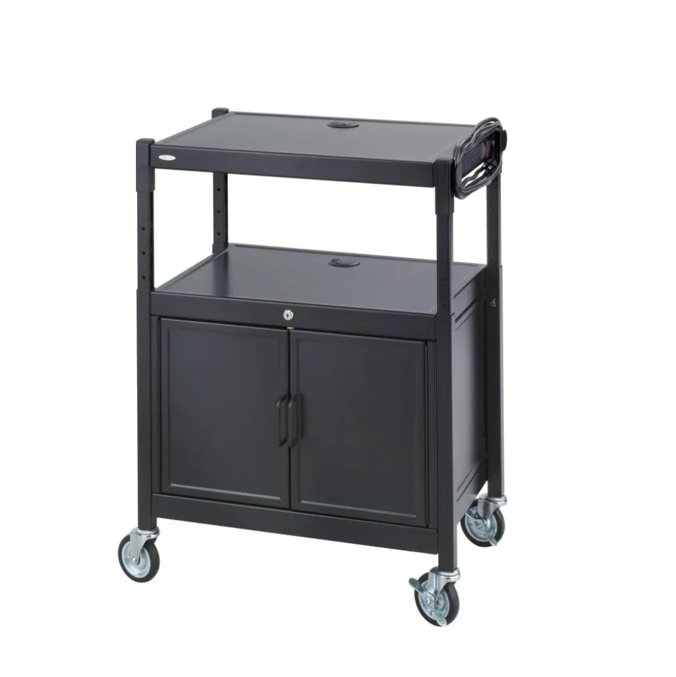 Safco Steel Adjustable AV Cart with Cabinet, Metal, 3 Shelf, 6 AC Outlets, 40 lb Capacity, 26.75 x 20.5 x 42, Black