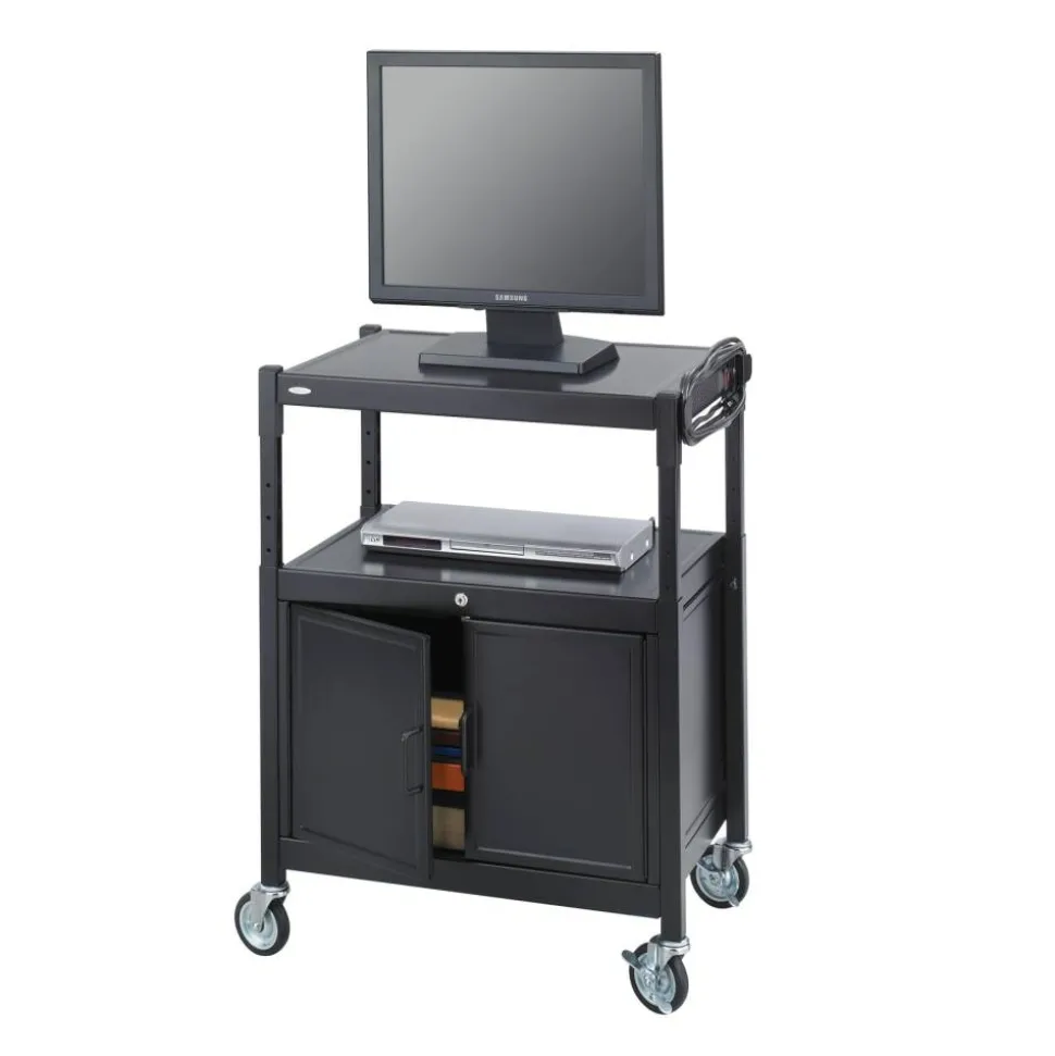 Safco Steel Adjustable AV Cart with Cabinet, Metal, 3 Shelf, 6 AC Outlets, 40 lb Capacity, 26.75 x 20.5 x 42, Black
