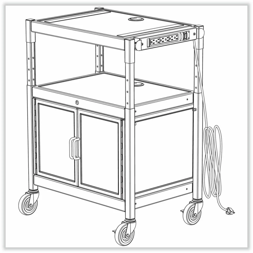 Safco Steel Adjustable AV Cart with Cabinet, Metal, 3 Shelf, 6 AC Outlets, 40 lb Capacity, 26.75 x 20.5 x 42, Black