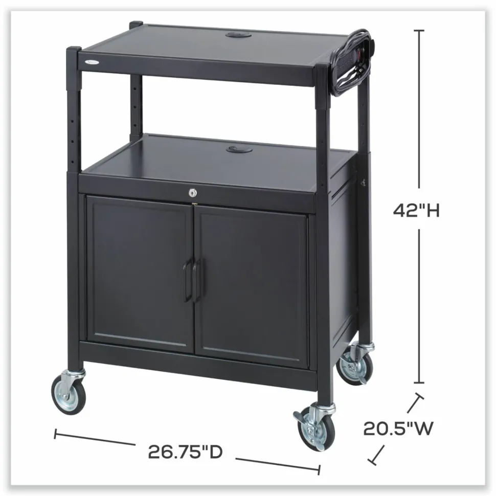 Safco Steel Adjustable AV Cart with Cabinet, Metal, 3 Shelf, 6 AC Outlets, 40 lb Capacity, 26.75 x 20.5 x 42, Black