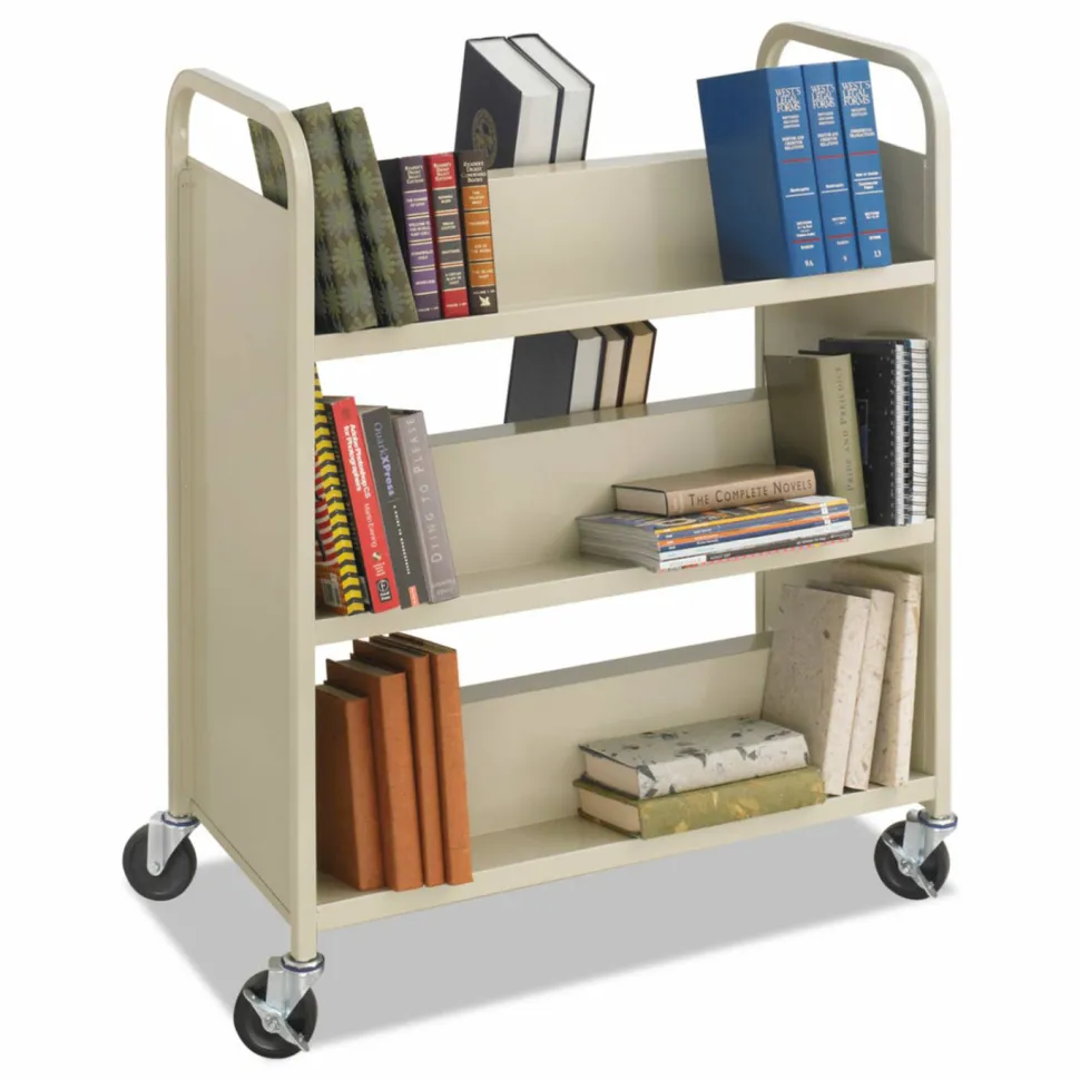 Safco Steel Double-Sided Book Cart, Metal, 6 Shelves, 300 lb Capacity, 36" x 18.5" x 43.5", Sand