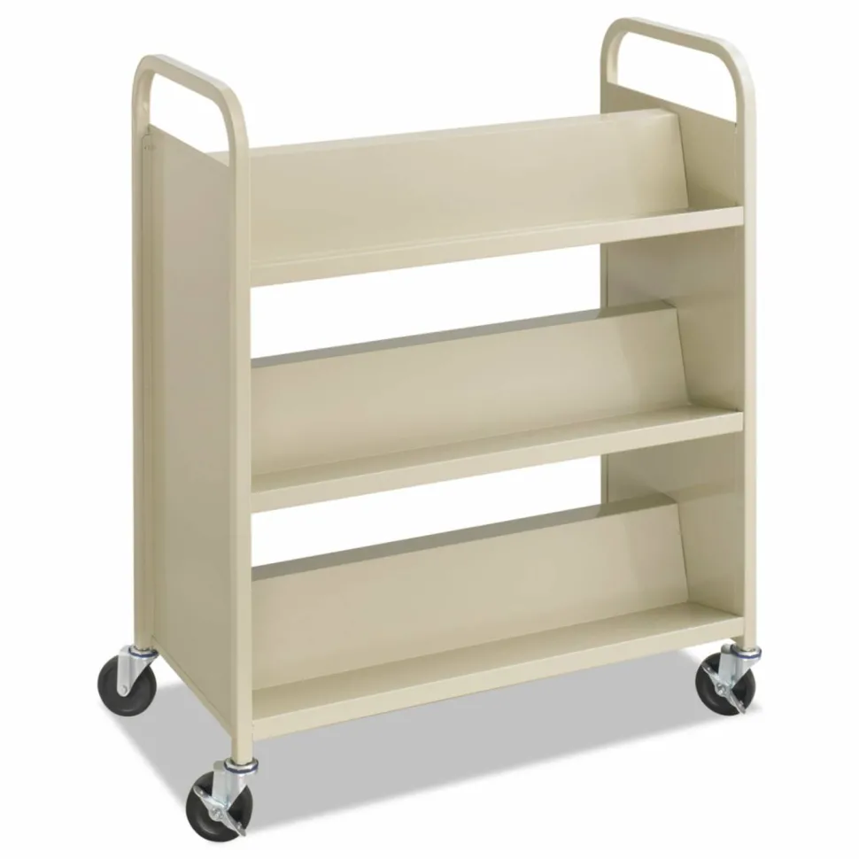 Safco Steel Double-Sided Book Cart, Metal, 6 Shelves, 300 lb Capacity, 36" x 18.5" x 43.5", Sand