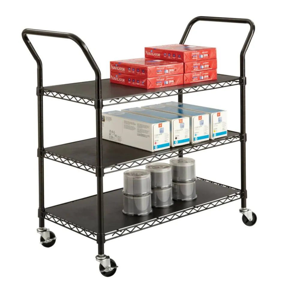 Safco Wire Utility Cart, 3 Shelves, 40 1/2"H x 43 3/4"W x 19 1/4"D, Black