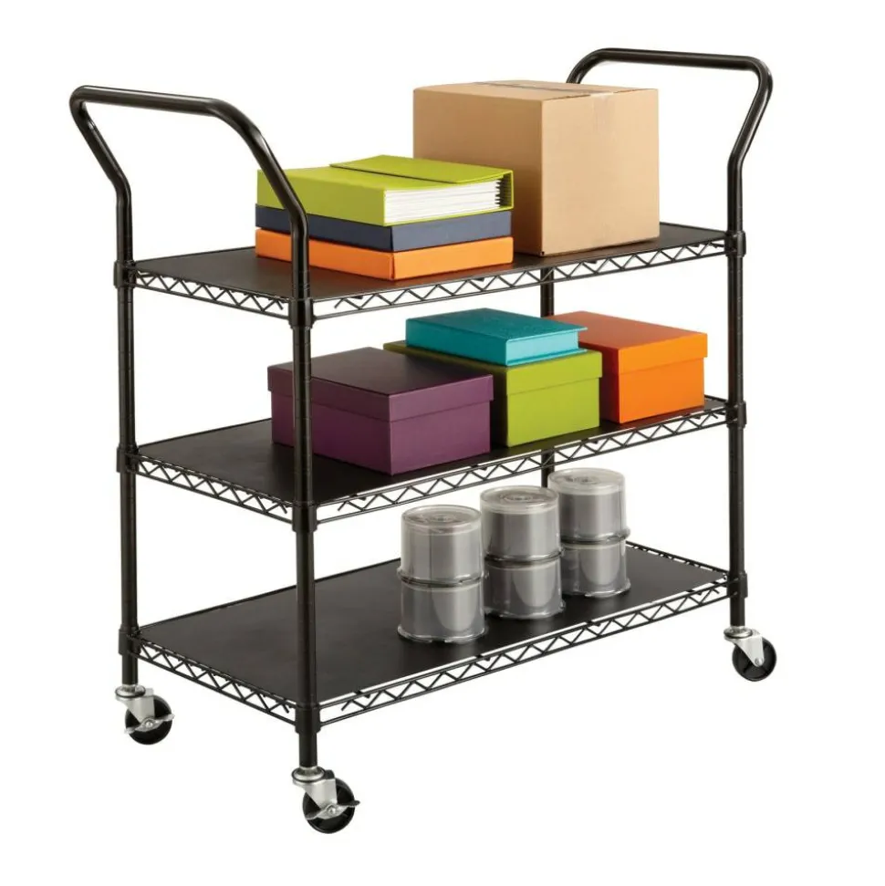 Safco Wire Utility Cart, 3 Shelves, 40 1/2"H x 43 3/4"W x 19 1/4"D, Black