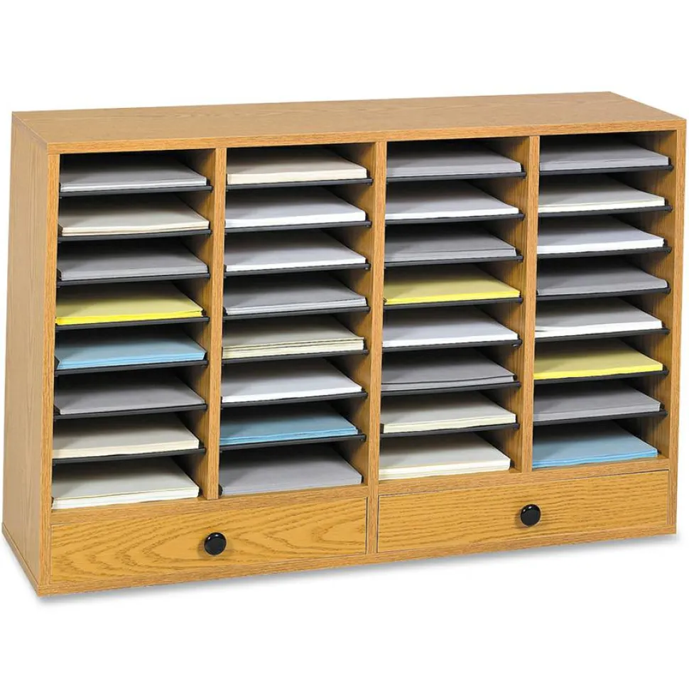 Safco Wood Adjustable Literature Organizer, 32 Compartments, 39.25 x 11.75 x 25.25, Medium Oak
