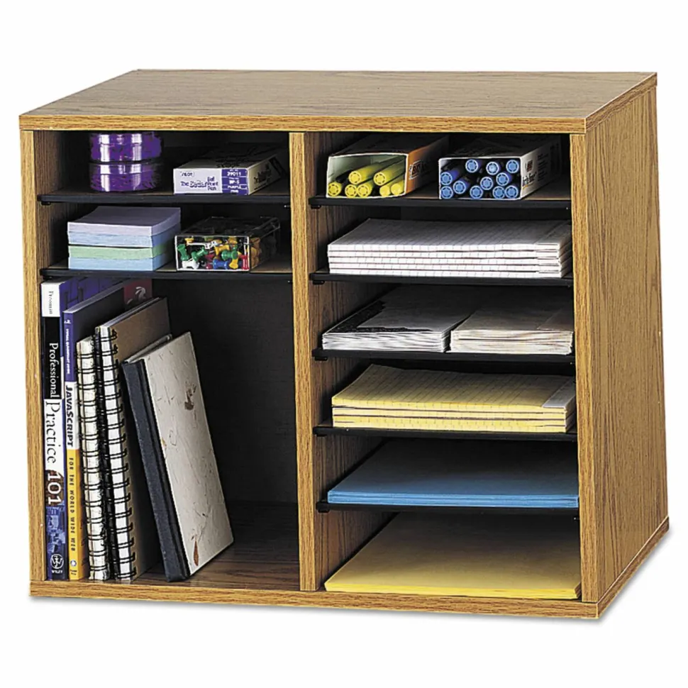 Safco Wood Adjustable Organizer, 16 1/8"H x 19 5/8"W x 11 7/8"D, Medium Oak