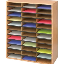 Safco Wood/Corrugated Literature Organizer, 36 Compartments, 29 x 12 x 34.5, Medium Oak