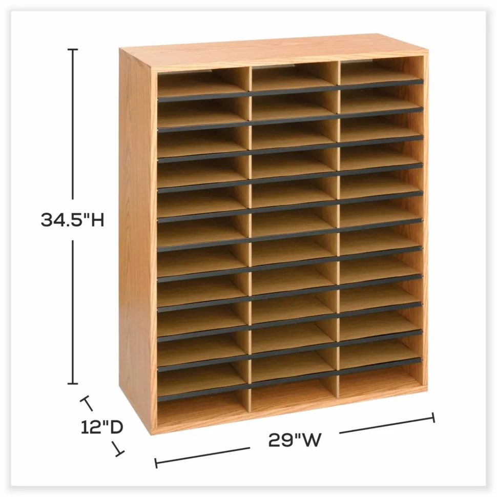 Safco Wood/Corrugated Literature Organizer, 36 Compartments, 29 x 12 x 34.5, Medium Oak
