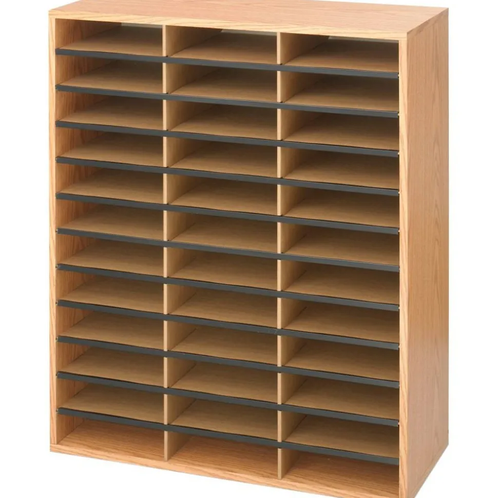 Safco Wood/Corrugated Literature Organizer, 36 Compartments, 29 x 12 x 34.5, Medium Oak