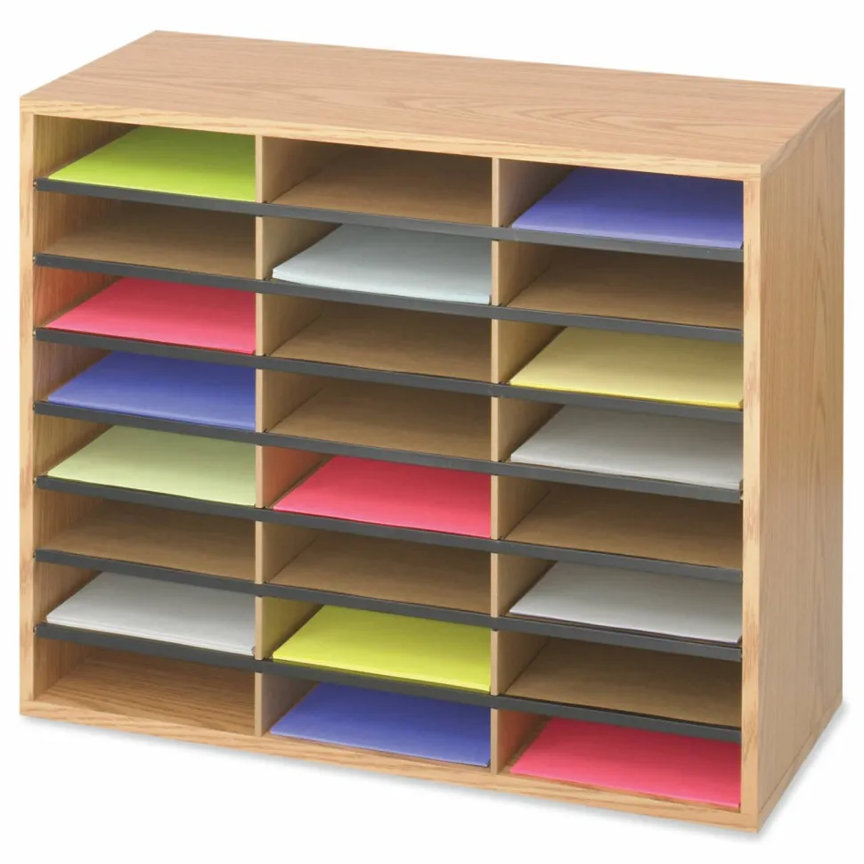 Safco Wood/Corrugated Literature Organizer, 24 Compartments, 29 x 12 x 23.5, Medium Oak