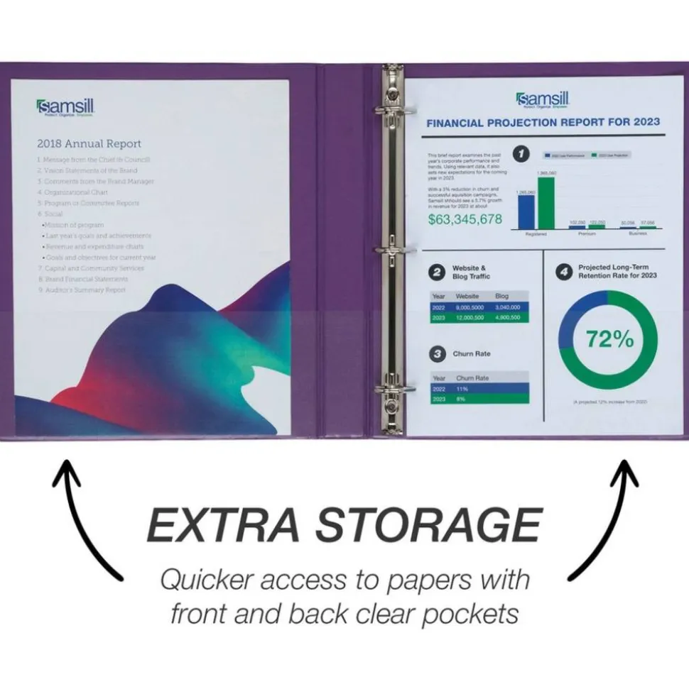 Samsill Durable D-Ring View Binders, 3 Rings, 1" Capacity, 11 x 8.5, Blueberry/Blue Coconut/Dragonfruit/Purple, 4/Pack
