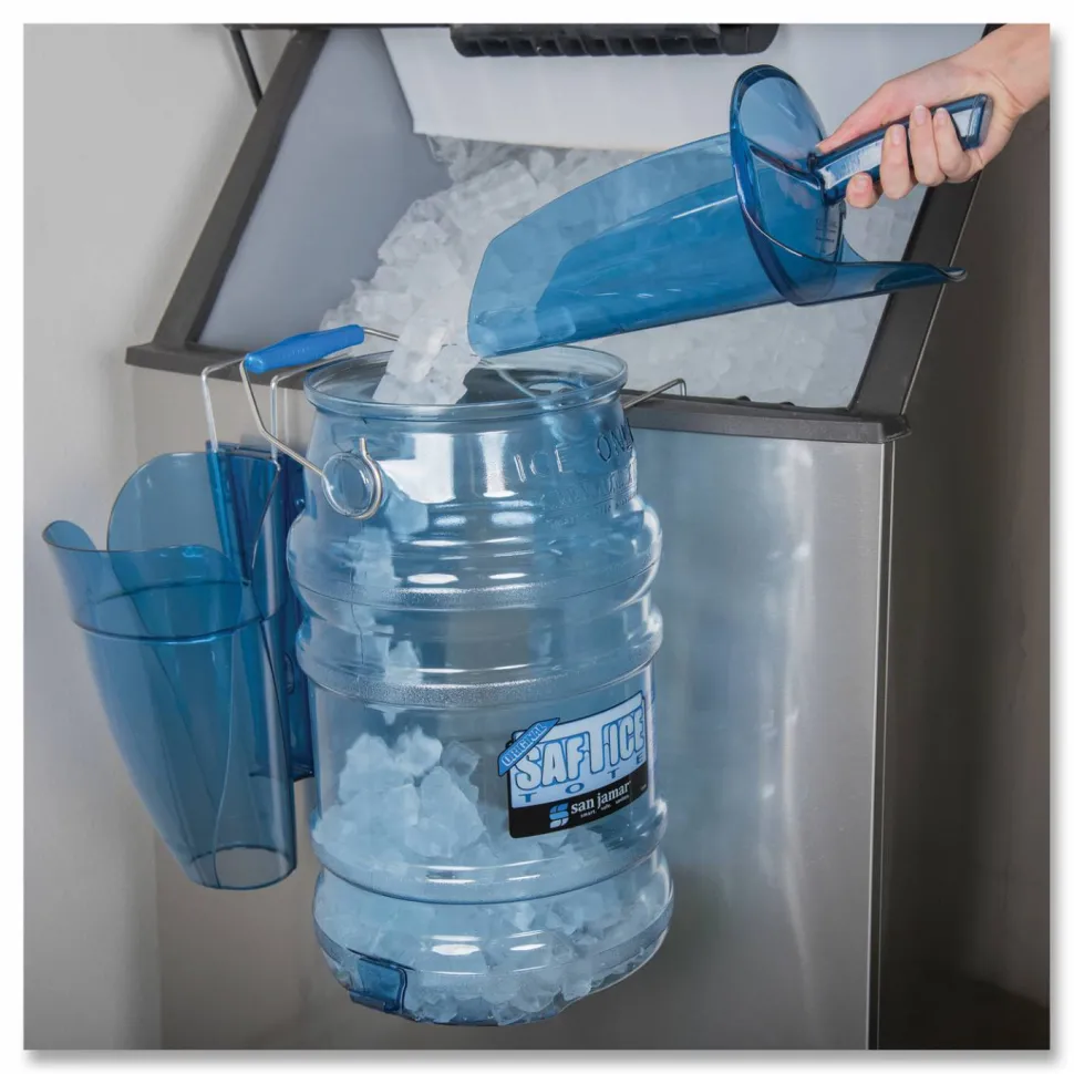 San Jamar Saf-T-Scoop and Guardian System for Ice Machines, 64 oz to 86 oz Ice Scoop, Transparent Blue