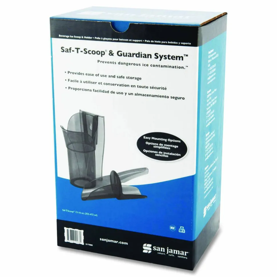 San Jamar Saf-T-Scoop and Guardian System for Ice Machines, 12 oz to 16 oz Ice Scoop, Transparent Blue, 50/Carton