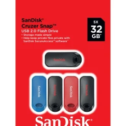 SanDisk Cruzer Snap USB 2.0 Flash Drives, Pack of 5, 32GB, Black, Red, Blue