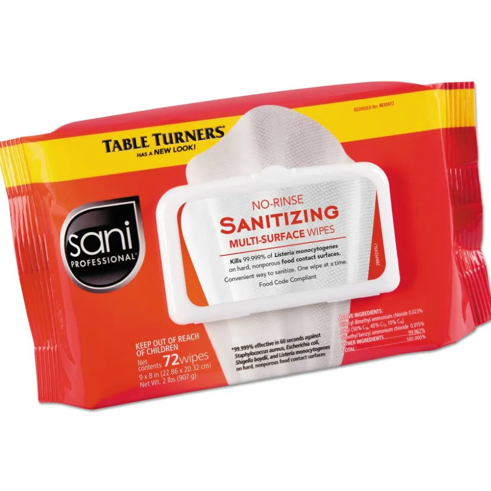 Sani Professional Table Turners No-Rinse Sanitizing Multi-Surface Wipes, 9" x 8", 25.63 Oz, 72 Wipes Per Pack, Carton Of 12 Packs