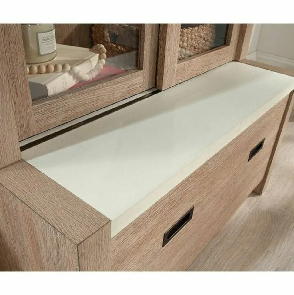 Sauder Dixon City Library 4-Shelf Bookcase With Sliding Doors And Filing Drawer, Brushed Oak/Pebble White