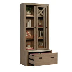 Sauder Dixon City Library 4-Shelf Bookcase With Sliding Doors And Filing Drawer, Brushed Oak/Pebble White
