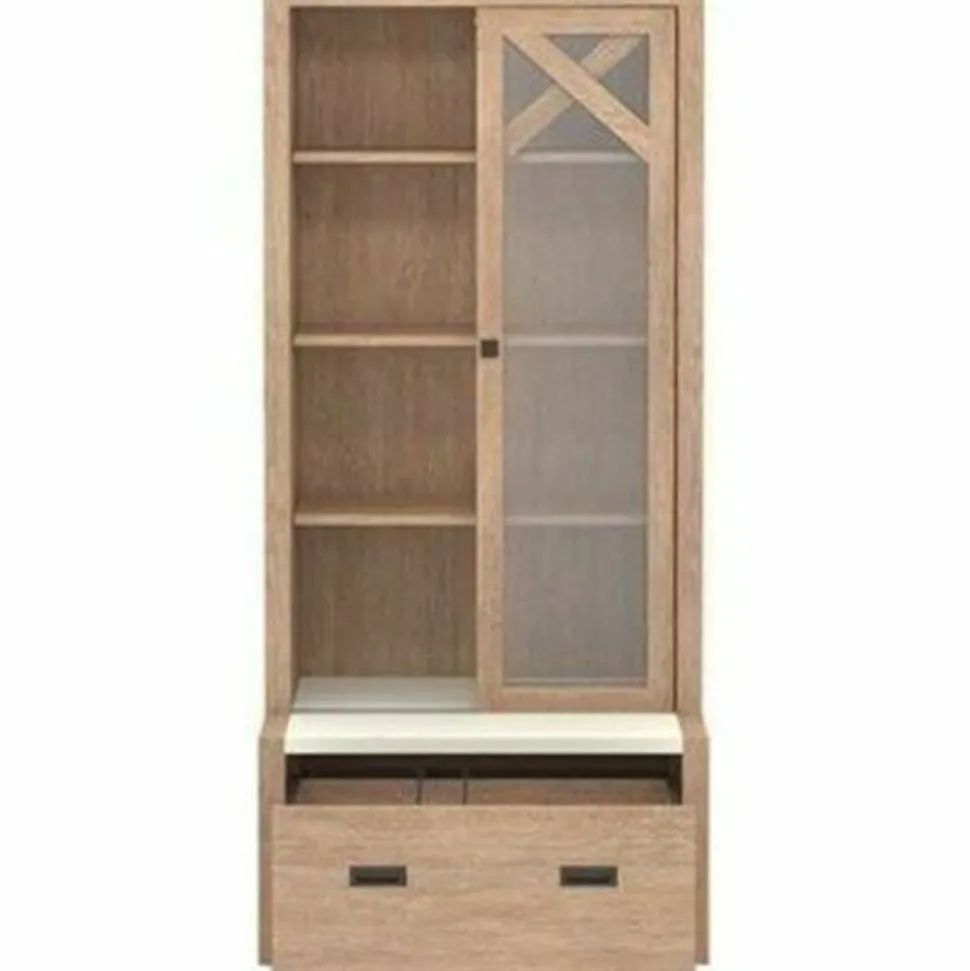 Sauder Dixon City Library 4-Shelf Bookcase With Sliding Doors And Filing Drawer, Brushed Oak/Pebble White