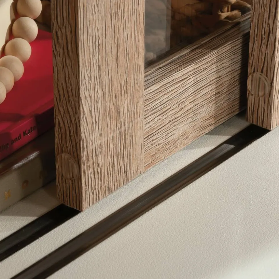 Sauder Dixon City Library 4-Shelf Bookcase With Sliding Doors And Filing Drawer, Brushed Oak/Pebble White