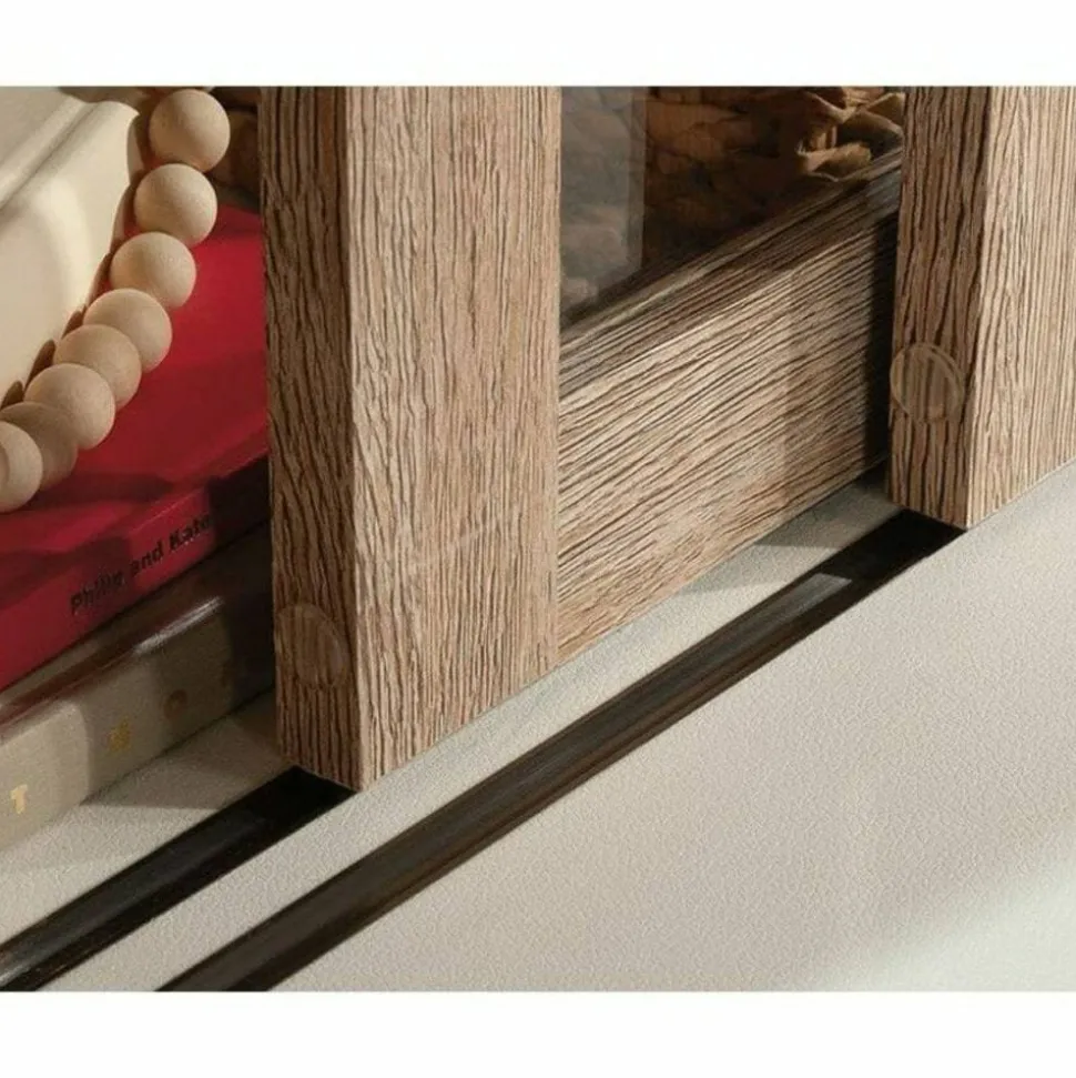 Sauder Dixon City Library 4-Shelf Bookcase With Sliding Doors And Filing Drawer, Brushed Oak/Pebble White