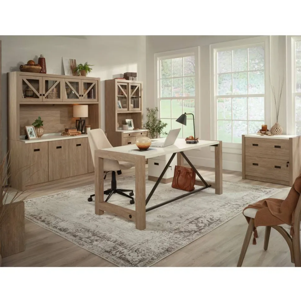 Sauder Dixon City Library 4-Shelf Bookcase With Sliding Doors And Filing Drawer, Brushed Oak/Pebble White