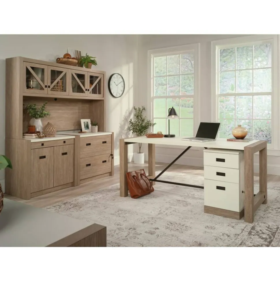 Sauder Dixon City Library 4-Shelf Bookcase With Sliding Doors And Filing Drawer, Brushed Oak/Pebble White