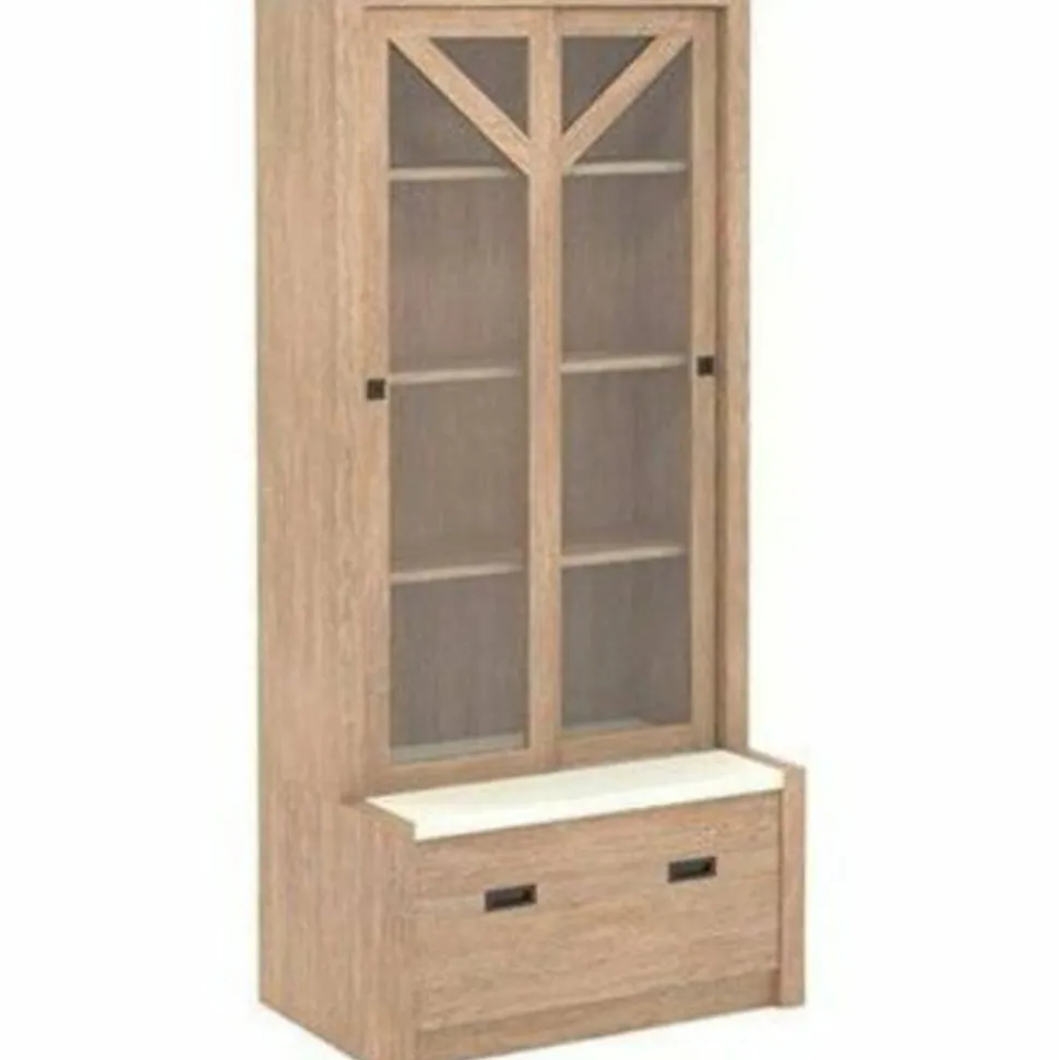 Sauder Dixon City Library 4-Shelf Bookcase With Sliding Doors And Filing Drawer, Brushed Oak/Pebble White
